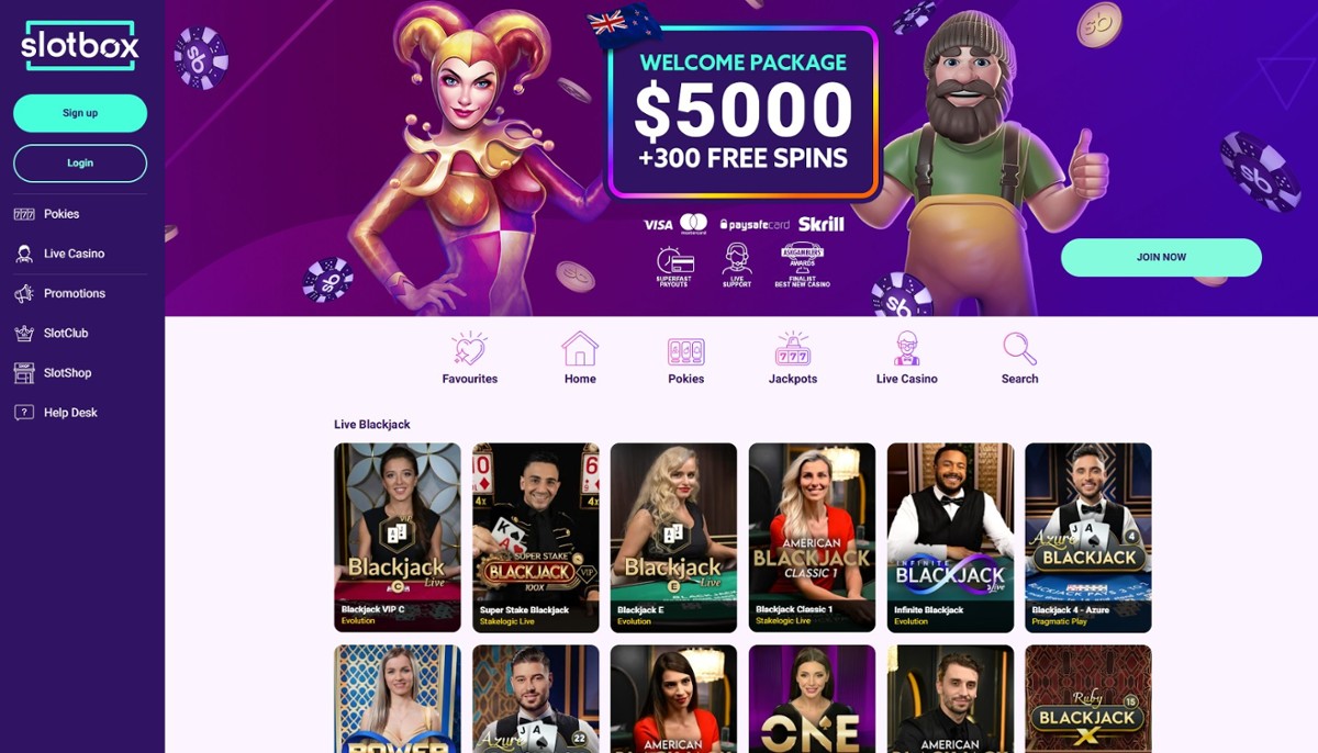 Slotbox live blackjack game lobby showing a range of games from developers such as Pragmatic Play and Evolution